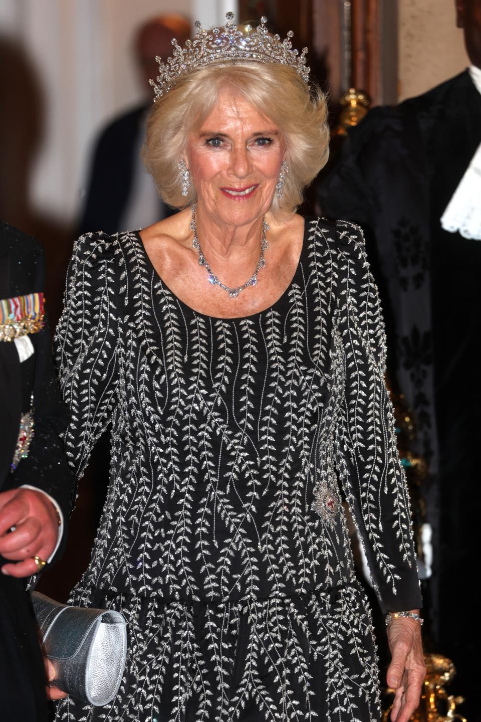 LONDON, ENGLAND - OCTOBER 18: Queen Camilla arrives at a reception and dinner in honour of their Coronation on October 18, 2023 at Mansion House in London, England. The King attended the reception to uphold the tradition of visiting the City of London during the Coronation year. The engagement recognises the work of London civic institutions and Livery Companies. (Photo by Chris Jackson/Getty Images)