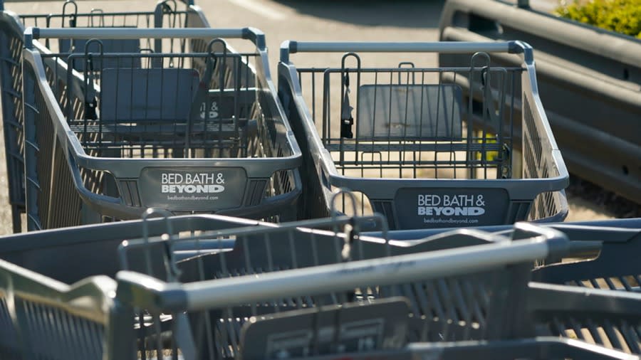 <em><sub>Bed Bath & Beyond shopping carts are left in a corral in Flowood, Miss., on April 24. One of the original big box retailers, the company filed for bankruptcy protection on April 23 following years of dismal sales and losses. (AP Photo/Rogelio V. Solis)</sub></em>