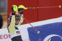 Germany's Lena Duerr reacts after completing an alpine ski, women's World Cup slalom, in Spindleruv Mlyn, Czech Republic, Saturday, Jan. 28, 2023. (AP Photo/Giovanni Maria Pizzato)