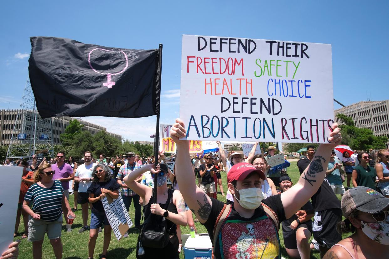 Abortion-rights supporters participate in the Engage the Rage rally June 25 at the state Capitol in Oklahoma City.