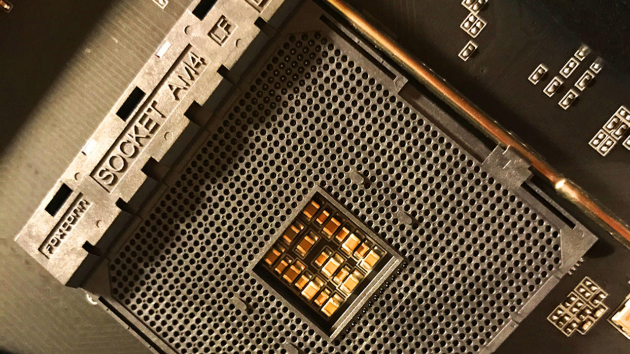  A close-up photo of AMD's AM4 CPU socket. 