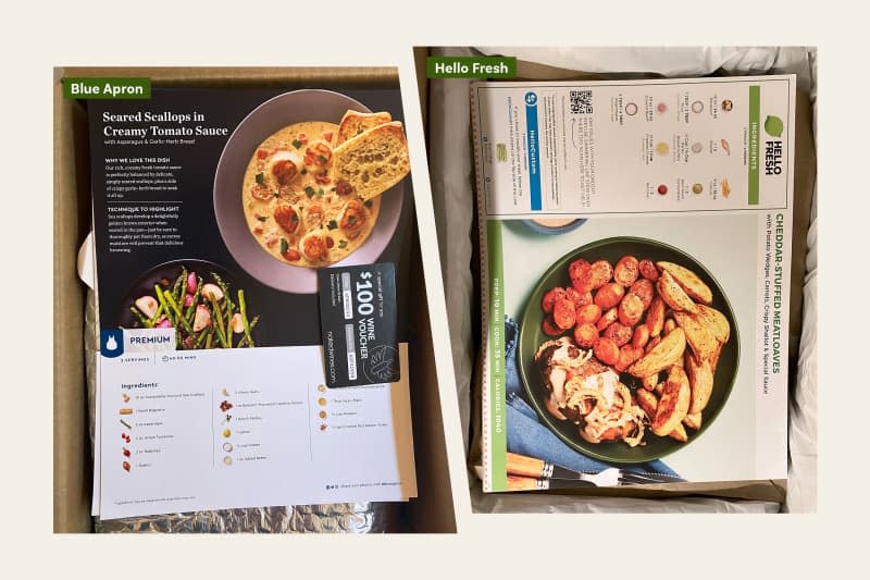 Blue Apron box contents next to Hello Fresh box contents