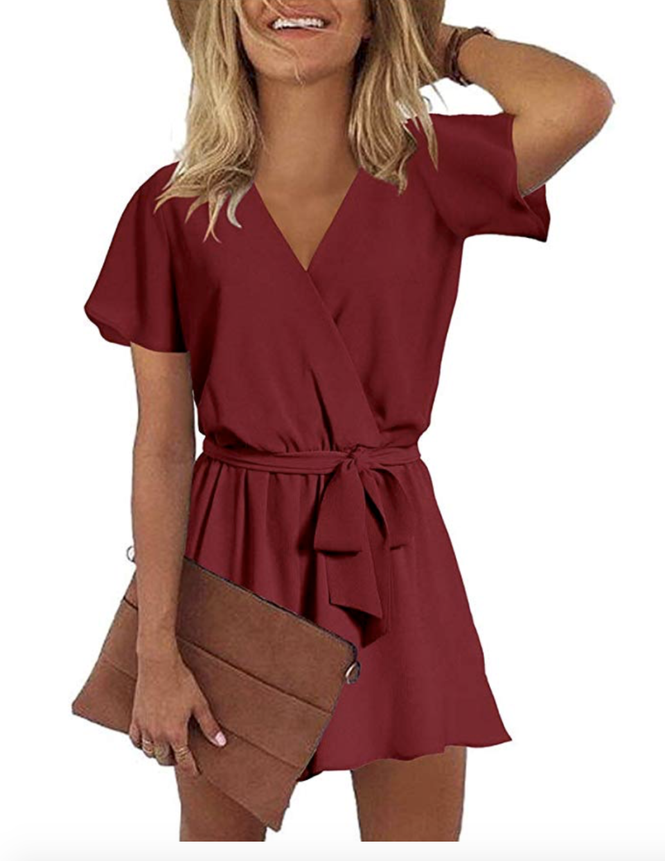 REORIA Womens Summer V Neck Ruffles Short Sleeve Belted Wrap Short Jumpsuit Rompers