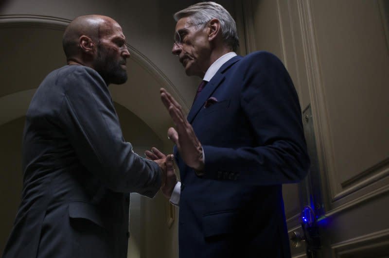 Wallace (Jeremy Irons, R) can't reason with The Beekeeper (Jason Statham). Photo courtesy of Metro-Goldwyn-Mayer Pictures Inc.&nbsp