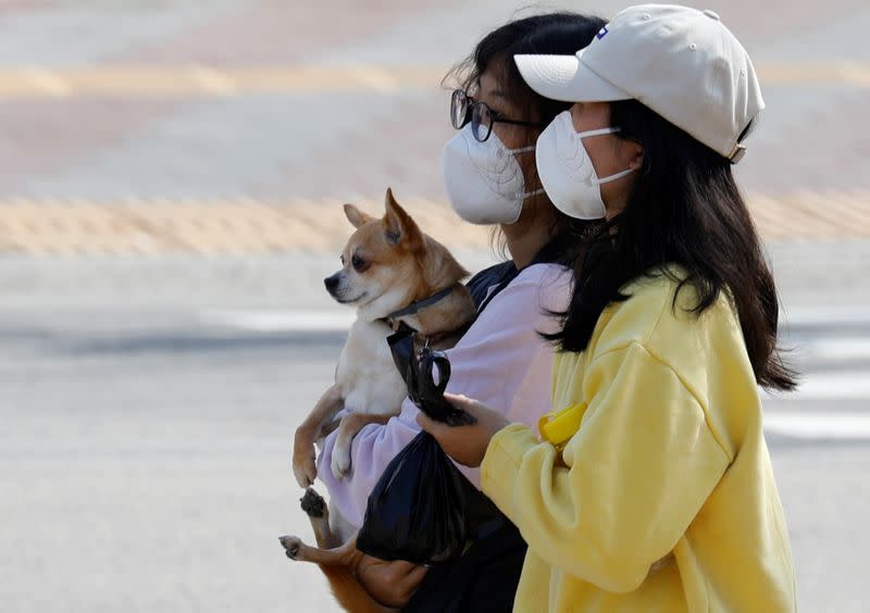 A woman wearing a mask carries a dog as she makes her way on a street amid the rise in confirmed cases of coronavirus disease (COVID-19) in Daegu