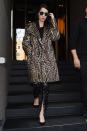 <p>In a leopard Lilly e Violetta coat, hoodie, lace-up leather pants, black pumps and Vera Wang aviator sunglasses while out in Milan.</p>