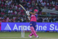 Rajasthan Royals' Yashasvi Jaiswal plays a shot during the Indian Premier League cricket match between Mumbai Indians and Rajasthan Royals in Jaipur, India, Monday, April 22, 2024. (AP Photo/Surjeet Yadav)