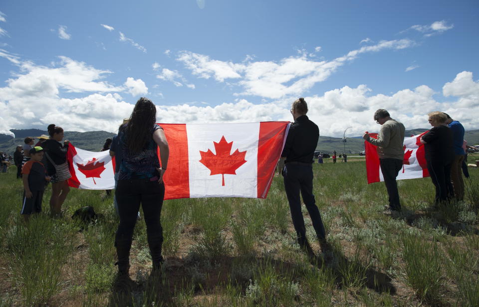 Members of the First Nations take part in a drum ceremony to remember fallen Snowbirds Capt. Jenn Casey in Kamloops, B.C., Monday, May 18, 2020. Capt.Casey died Sunday after the Snowbirds jet she was in crashed shortly after takeoff. The pilot of the aircraft is in hospital with serious injuries. THE CANADIAN PRESS/Jonathan Hayward