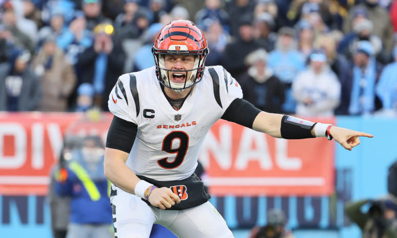 Bengals quarterback Joe Burrow on the field.