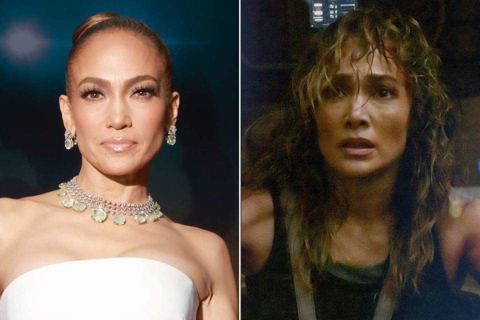 <p>Roger Kisby/Getty Images; Ana Carballosa/Netflix </p> Jennifer Lopez and in character in 