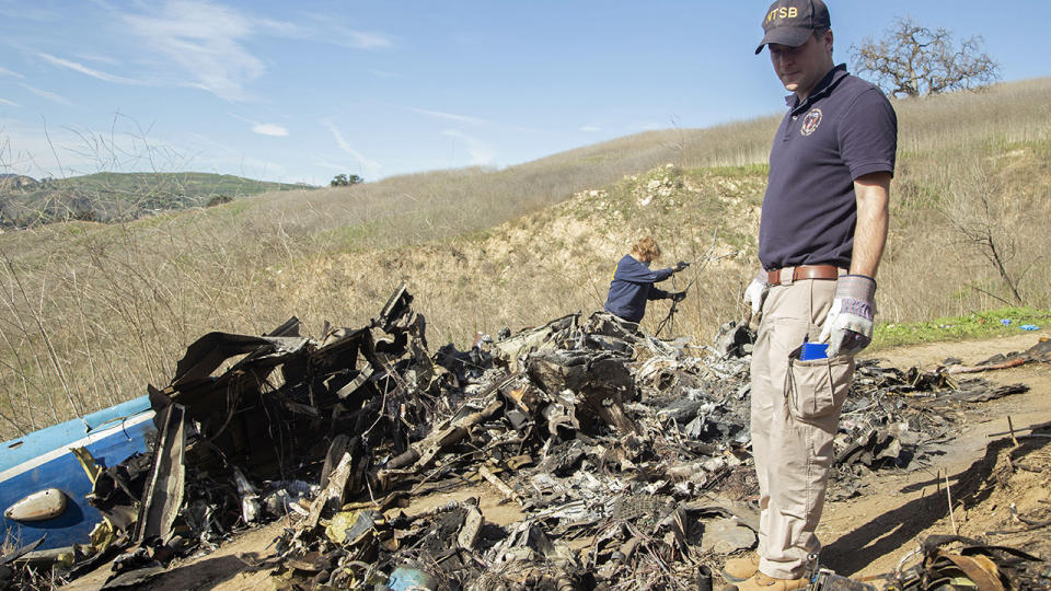 Investigators, pictured here working at the scene of the helicopter crash that killed Kobe and Gianna Bryant.