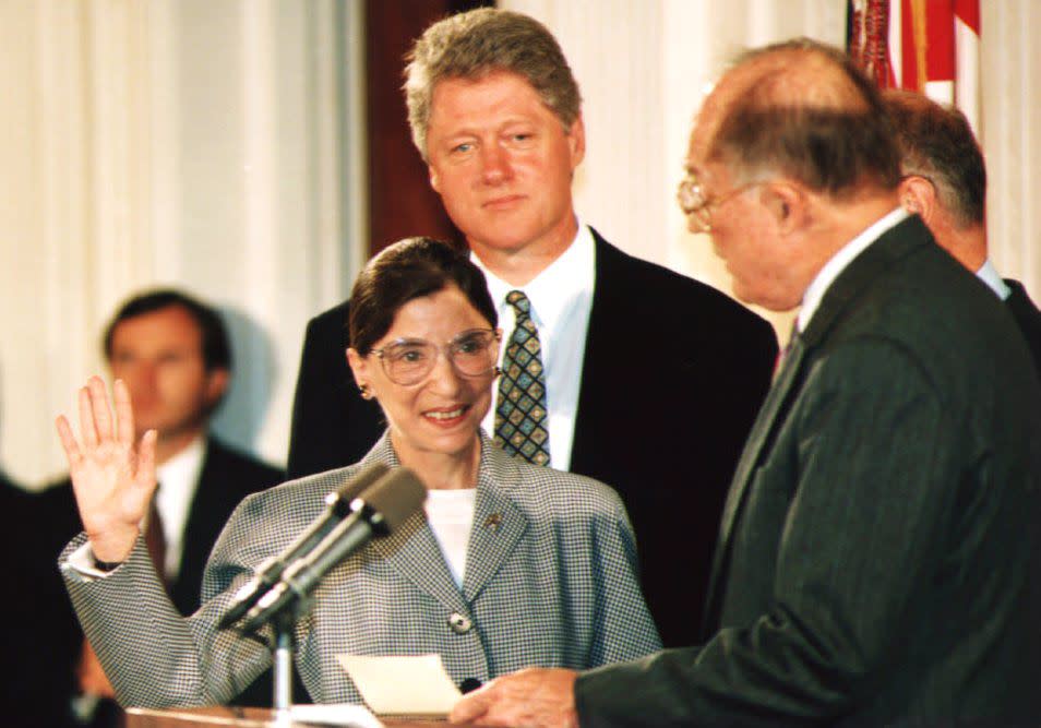 <div class="inline-image__caption"><p>Chief Justice of the U.S. Supreme Court William Rehnquist (R) administered the oath of office to newly-appointed U.S. Supreme Court Justice Ruth Bader Ginsburg (L) as U.S. President Bill Clinton looked on 10 August 1993. Ginsburg was the 107th Supreme Court justice and the second woman to serve on the high court. </p></div> <div class="inline-image__credit">KORT DUCE/Getty</div>