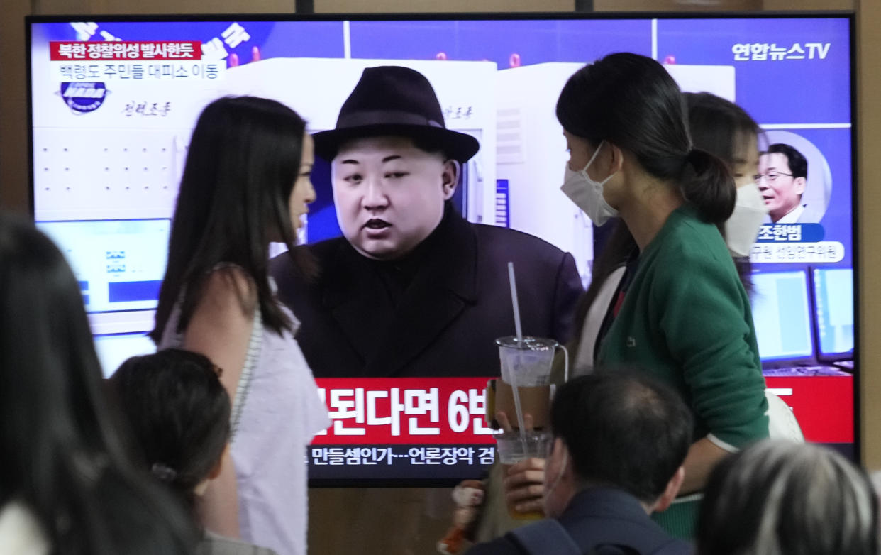 A TV screen shows a file image of North Korean leader Kim Jong Un during a news program at the Seoul Railway Station in Seoul, South Korea, Wednesday, May 31, 2023. North Korea launched a purported rocket Wednesday, a day after the country announced a plan to put its first military spy satellite into orbit, South Korea's military said. (AP Photo/Ahn Young-joon)