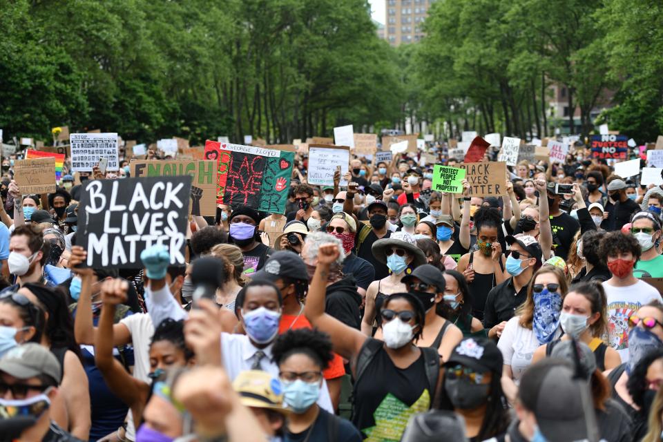 Protesters gather to demonstrate the death of George Floyd on June 4, 2020, in New York. On May 25, 2020, Floyd, a black man suspected of passing a counterfeit $20 bill, died in Minneapolis while in police custody.