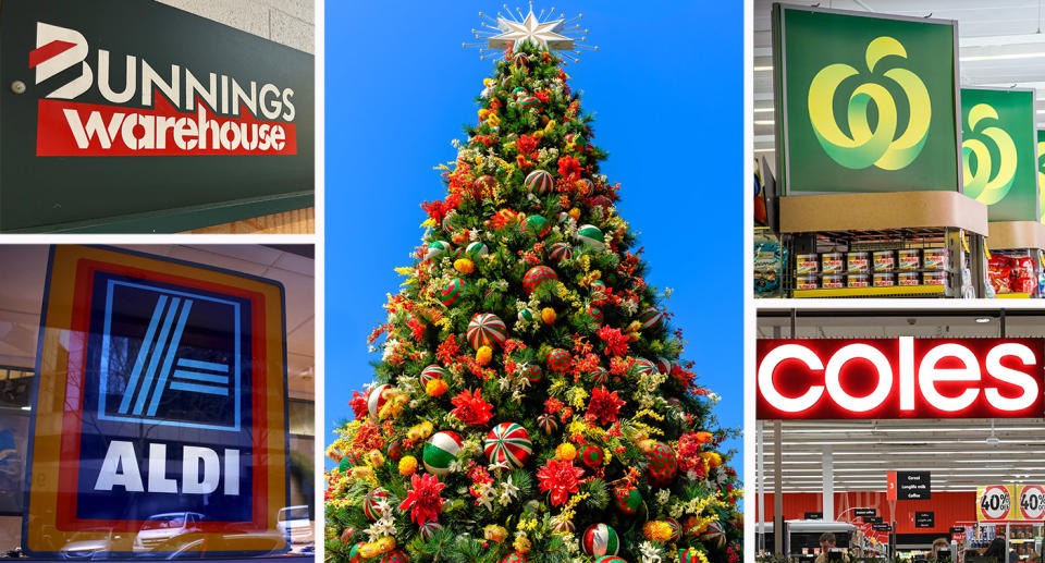 Signs for Bunnings, Woolworths, Coles and Aldi surrounding Christmas tree