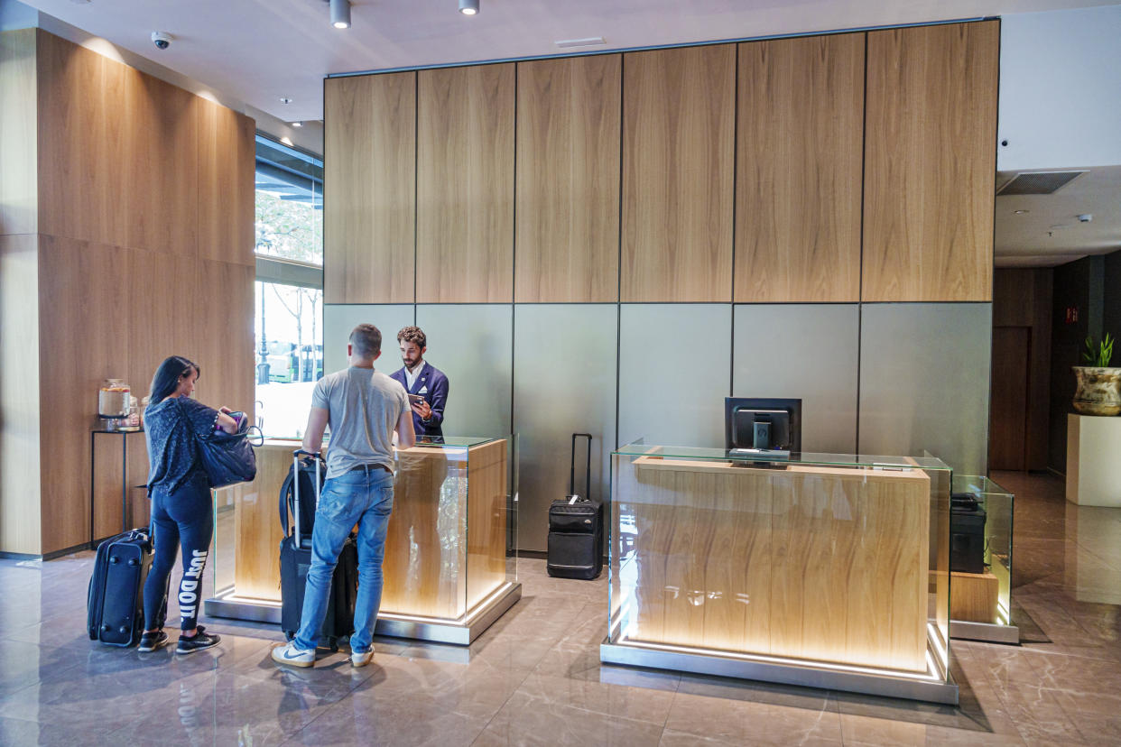 Spain, Barcelona, Les Corts, AC Hotel by Marriott Diagonal LÇIlla check in desk. (Photo by: Jeff Greenberg/Education Images/Universal Images Group via Getty Images)