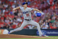 Los Angeles Dodgers' Walker Buehler throws during the first inning of the team's baseball game against the Cincinnati Reds in Cincinnati, Friday, Sept. 17, 2021. (AP Photo/Aaron Doster)