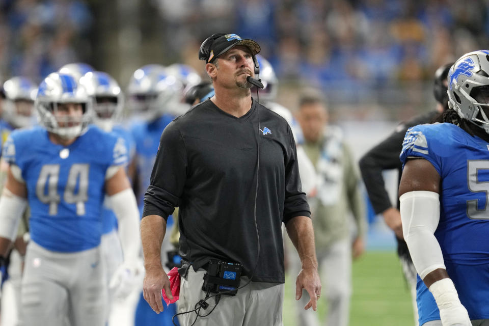 Detroit Lions head coach Dan Campbell looks towards the scoreboard during the first half of an NFL football game against the Green Bay Packers, Sunday, Nov. 6, 2022, in Detroit. (AP Photo/Paul Sancya)