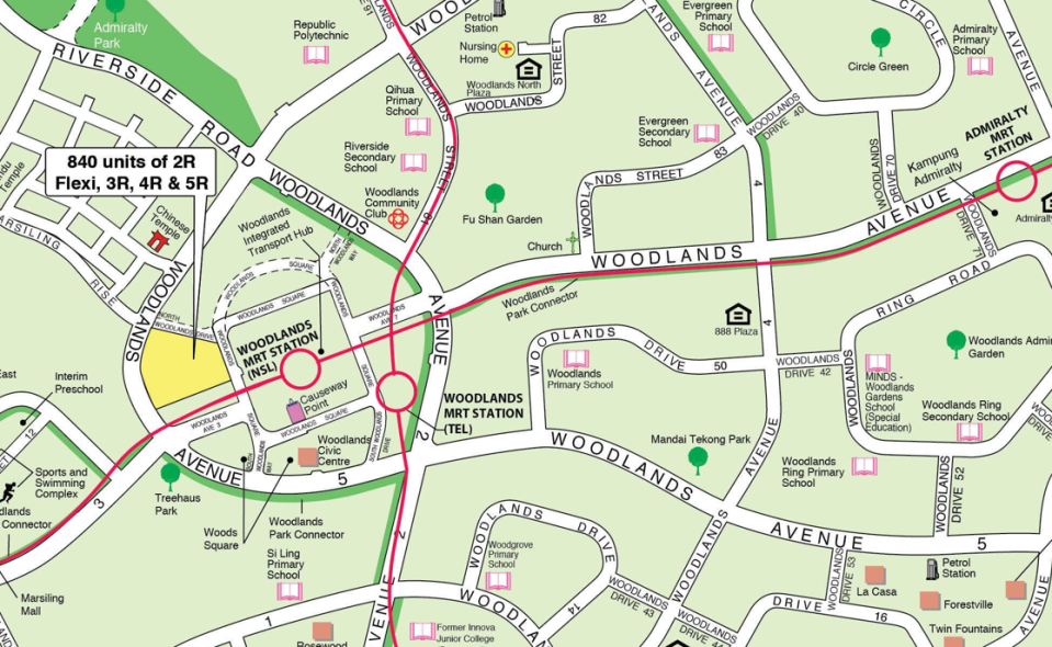 Location of the Woodlands HDB BTO Dec 2023 site 2 flats, bounded by Woodlands Avenue 5, Woodlands Avenue 3, Woodlands Street 13. Source: HDB