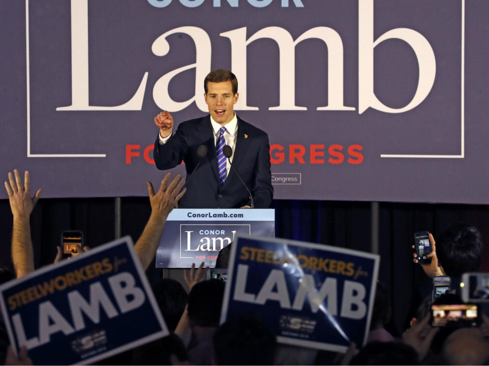 Conor Lamb, the Democratic candidate for Pennsylvania's 18th Congressional District celebrates with his supporters: Gene J Puskar/AP