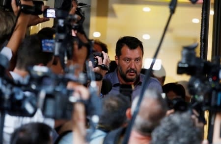 FILE PHOTO: Italian Interior Minister and leader of the League party Matteo Salvini speaks to the media at the end of a meeting with Lega Nord's deputies, as Italian Senate is due to set a date to hold a no-confidence vote in the government in Rome