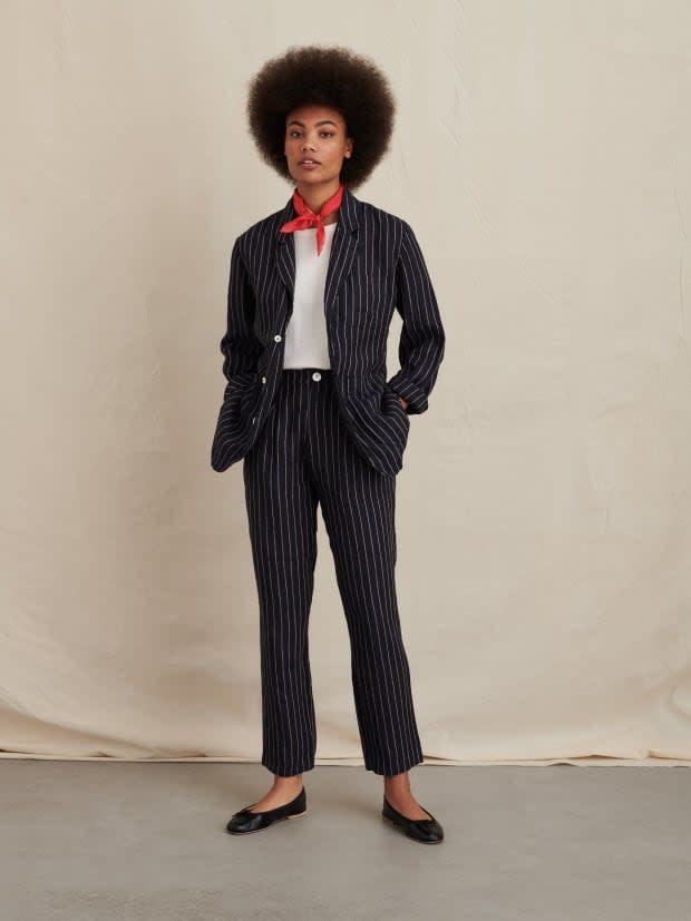 <p>Alex Mill Mathilde Jacket in Stripe Linen, $175, <a href="https://rstyle.me/+rlA_K3kLqBDUAHON1fmVmw" rel="nofollow noopener" target="_blank" data-ylk="slk:available here;elm:context_link;itc:0;sec:content-canvas" class="link ">available here</a> (sizes XS-XL) and Boy Pant in Stripe Linen, $125, <a href="https://rstyle.me/+N5t8h9hkLOUn3E1ClZT6OA" rel="nofollow noopener" target="_blank" data-ylk="slk:available here;elm:context_link;itc:0;sec:content-canvas" class="link ">available here</a> (sizes 0-12).</p>