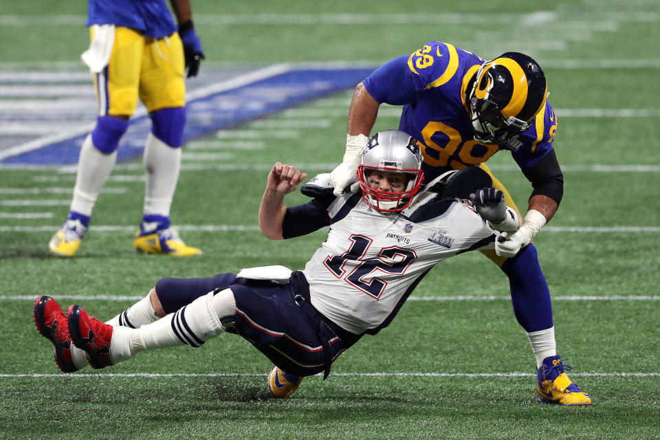 Aaron Donald hits Tom Brady in last season's Super Bowl. (Getty Images)