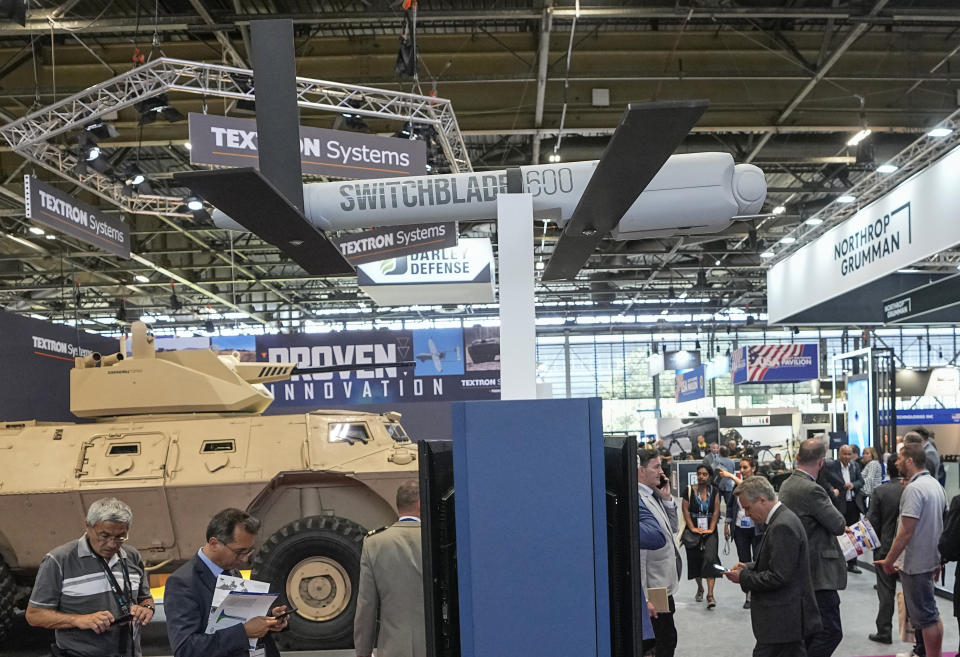 FILE - A Switchblade 600 loitering missile drone manufactured by AeroVironment is displayed at the Eurosatory arms show in Villepinte, north of Paris, Tuesday, June 14, 2022. (AP Photo/Michel Euler, File)