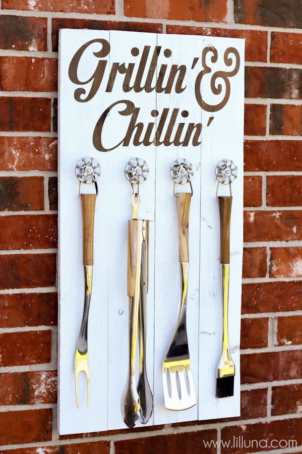 <p>Every grill master needs a place to hang his trusty tools. Plus, this DIY gift is way easier to make than it looks. </p><p><strong>Get the tutorial at <a href="http://lilluna.com/grill-set-holder/" rel="nofollow noopener" target="_blank" data-ylk="slk:Lil' Luna;elm:context_link;itc:0;sec:content-canvas" class="link ">Lil' Luna</a>.</strong> </p><p><a class="link " href="https://www.amazon.com/Minwax-230004444-Drying-Polyurethane-Gloss/dp/B000LNQVXQ?tag=syn-yahoo-20&ascsubtag=%5Bartid%7C10050.g.1171%5Bsrc%7Cyahoo-us" rel="nofollow noopener" target="_blank" data-ylk="slk:Shop Now;elm:context_link;itc:0;sec:content-canvas">Shop Now</a></p>