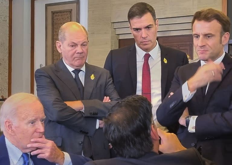 El presidente de Estados Unidos, Joe Biden; el canciller de Alemania, Olaf Scholz; el presidente del Gobierno, Pedro Sánchez y el presidente de Francia, Emmanuel Macron.