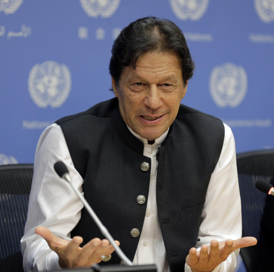 Imran Khan, Prime Minister of Pakistan, speaks to reporters during a news conference at United Nations headquarters Tuesday, Sept. 24, 2019. (AP Photo/Seth Wenig)