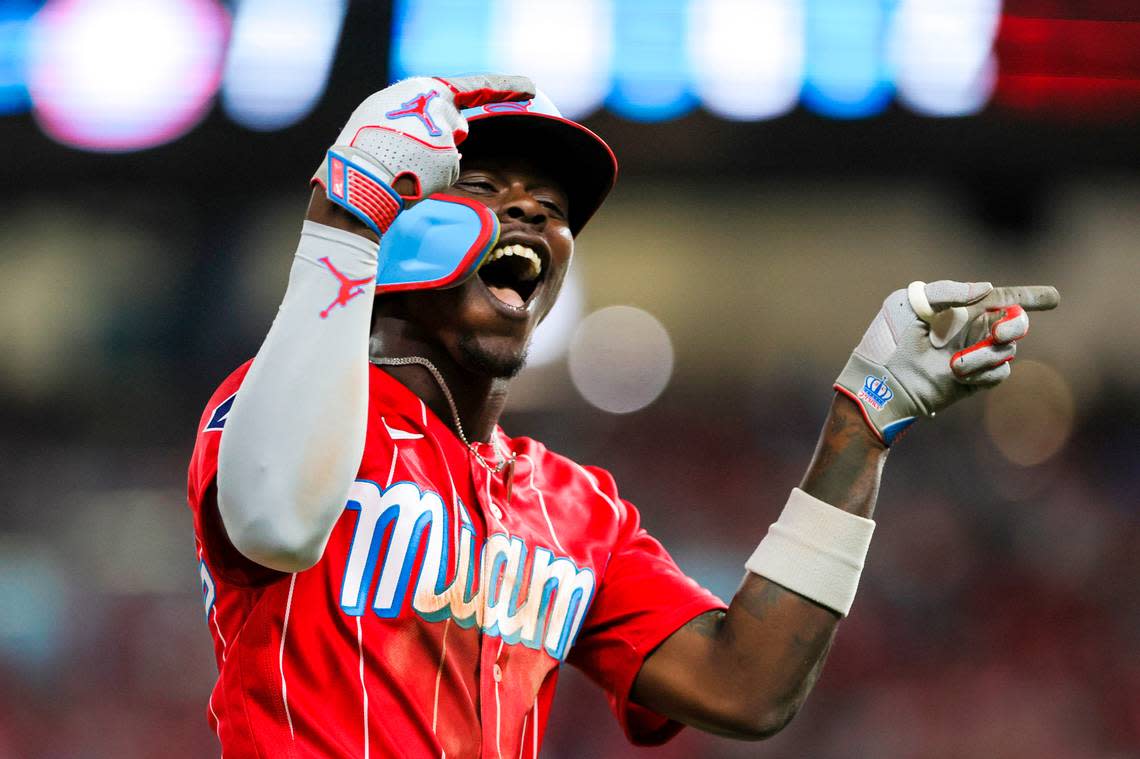 Sep 16, 2023; Miami, Florida, USA; Miami Marlins center fielder Jazz Chisholm Jr. (2) celebrates after hitting a grand slam against the Atlanta Braves during the eighth inning at loanDepot Park. Mandatory Credit: Sam Navarro-USA TODAY Sports Sam Navarro/USA TODAY Sports