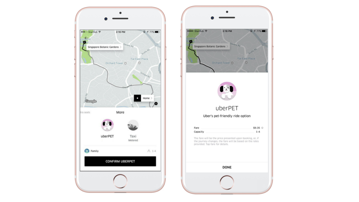 A screenshot showing the uberPET service in the Uber app. Source: Uber