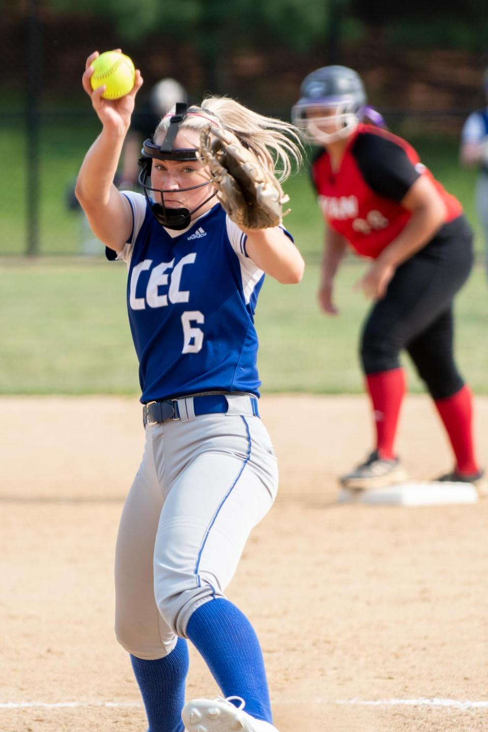 Conwell-Egan senior pitcher Ahlana Sesar fires a pitch during the Eagles' 6-3 win over Archbishop Ryan in Monday's Philadelphia Catholic League title game.