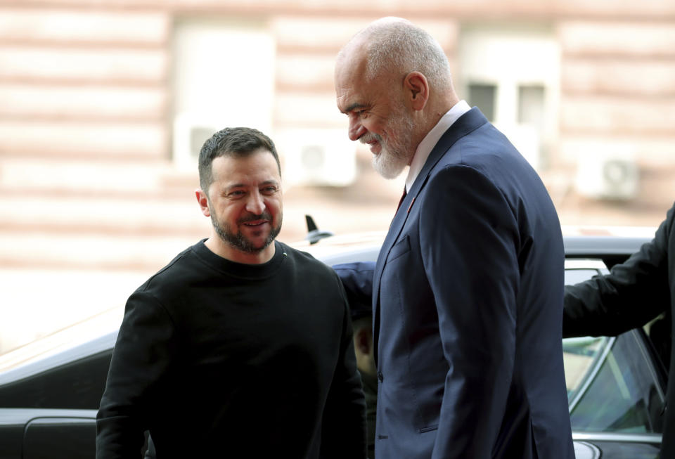 Albanian Prime Minister Edi Rama, right, welcomes Ukrainian President Volodymyr Zelenskyy before their meeting in Tirana, Albania, Wednesday, Feb. 28, 2024. Albania hosts on Thursday a summit of Southeastern European countries on peace, security and cooperation, focused on the war in Ukraine. (AP Photo/Armando Babani)