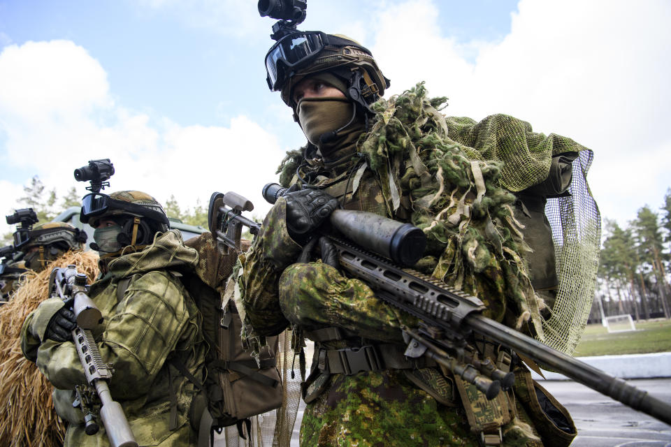 Snipers in camouflage suits during The celebrations on the occasion of the 5th anniversary of the National Guard of Ukraine, Kyiv, Ukraine. (Maxym Marusenko/NurPhoto via Getty Images)