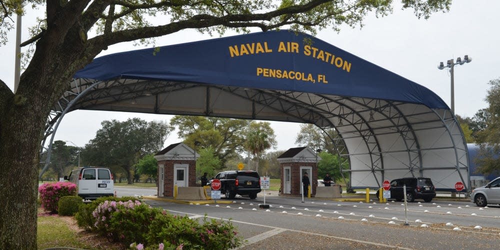 The main gate at Naval Air Station Pensacola on Navy Boulevard in Pensacola, Fla.