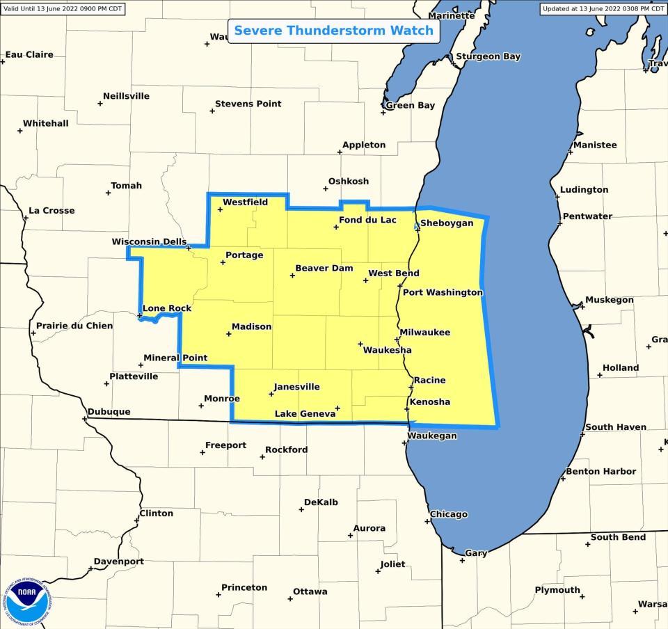 The area shaded in yellow is under a severe thunderstorm watch until 9 p.m. on Monday.