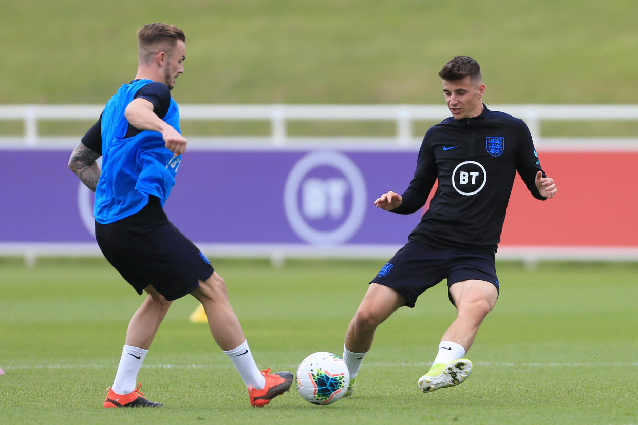 James Maddison and Mason Mount compete for the ball during an England training session. (Credit: Getty Images)