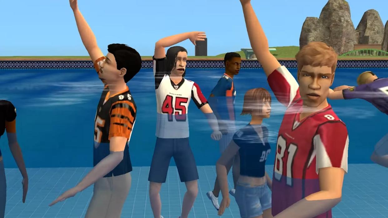  Several Sims wearing modded footbal jerseys wave while stranded in a pool. 