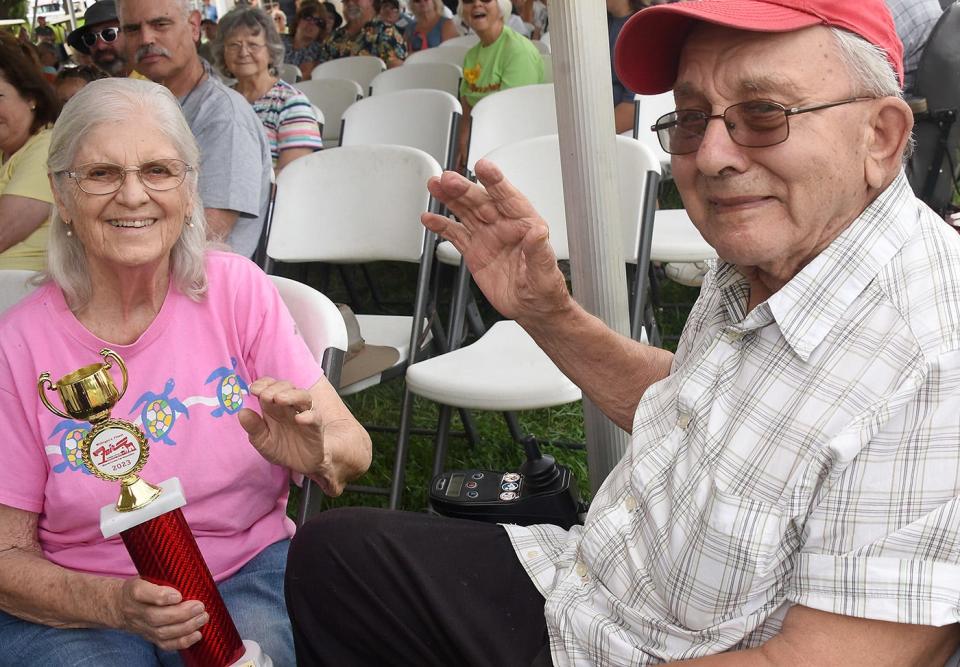 Rollin and Mary Webb, of Newport, won the trophy for longest married couple attending the Senior Citizens' Program Wednesday at the Monroe County Fair. The Webbs have been married for 68 years.