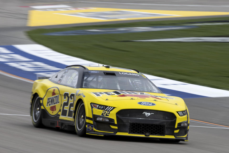 Joey Logano (22) rounds the track during a NASCAR Cup Series auto race on Sunday, March 5, 2023, in Las Vegas. (AP Photo/Ellen Schmidt)