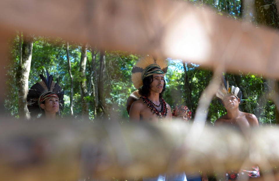 Indigenous people from Pataxo ethnic group are seen inside the village Nao Xoha, amid the coronavirus disease (COVID-19) outbreak, in Sao Joaquim de Bicas, Minas Gerais state, Brazil, March 25, 2020. REUTERS/Washington Alves