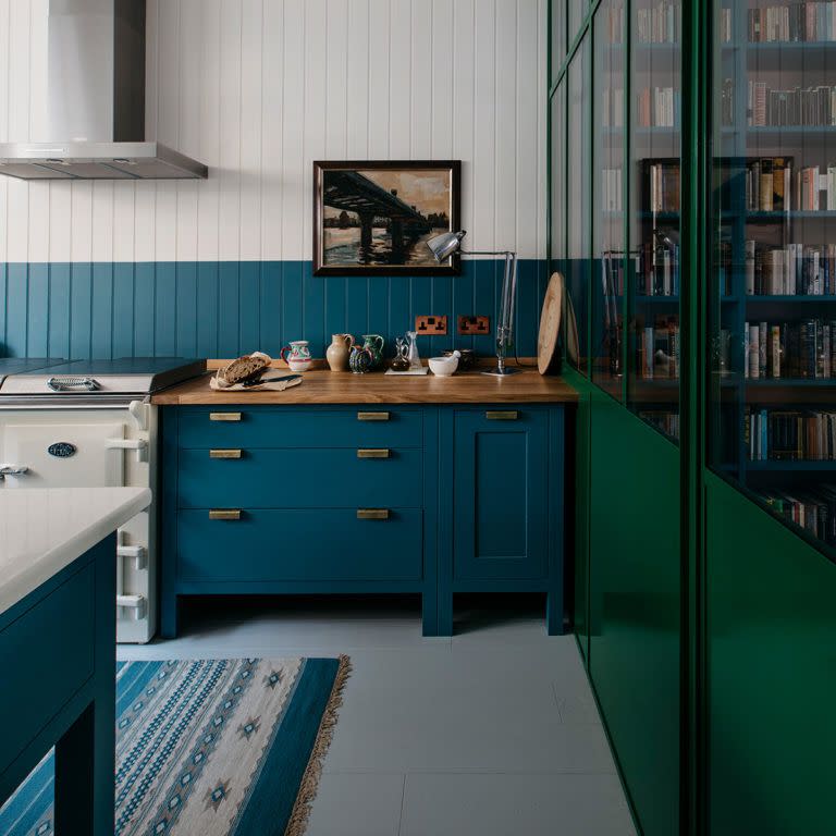 <p>A more forgiving shade than all black, inky blues are usually paired with light woods and creamy countertops to offset any heaviness that comes with a wash of dark colour. Greener variations like a teal or sapphire introduce richer undertones that highlight brass or gold metalwork.</p><p>Pictured: <a href="https://www.plainenglishdesign.co.uk/kitchen/notting-hill-atelier/" rel="nofollow noopener" target="_blank" data-ylk="slk:Bespoke kitchen at Plain English;elm:context_link;itc:0;sec:content-canvas" class="link ">Bespoke kitchen at Plain English </a></p>