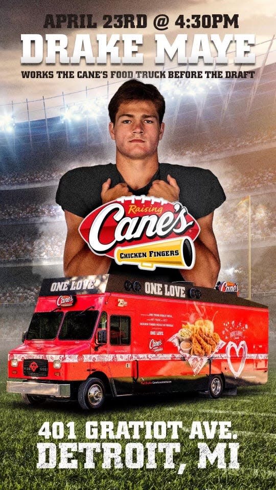 Drake Maye will be dishing out meals from the Raising Cane's food truck in downtown Detroit on Tuesday, April 23, 2024.