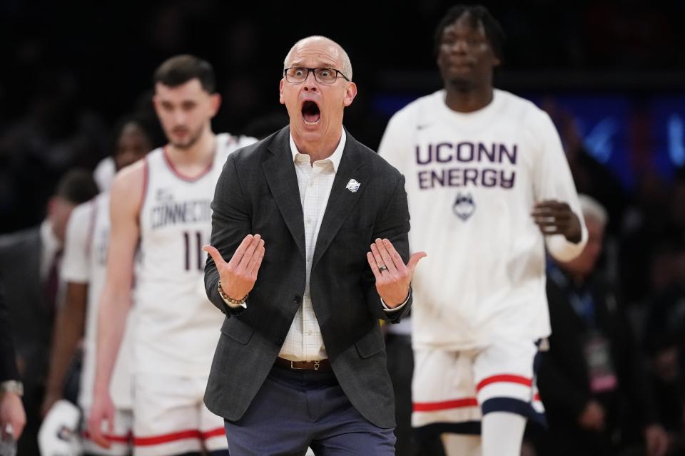 UConn head coach Dan Hurley calls out to his players during the second half of an NCAA college basketball game against Xavier in the quarterfinal round of the Big East Conference tournament, Thursday, March 14, 2024, in New York. UConn won 87-60. (AP Photo/Frank Franklin II)