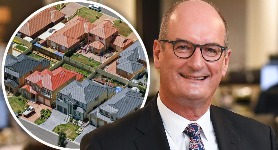 David Koch smiling in glasses and a suit with a circle inset of houses from above behind him.