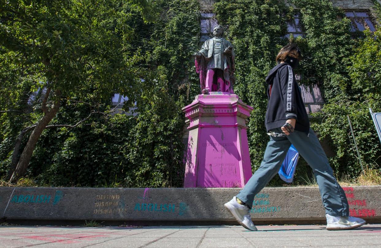 <span class="caption">Black Lives Matter protesters threw pink paint on a statue of Egerton Ryerson at Ryerson University in Toronto on July 18, 2020. </span> <span class="attribution"><span class="source">THE CANADIAN PRESS/Carlos Osorio</span></span>