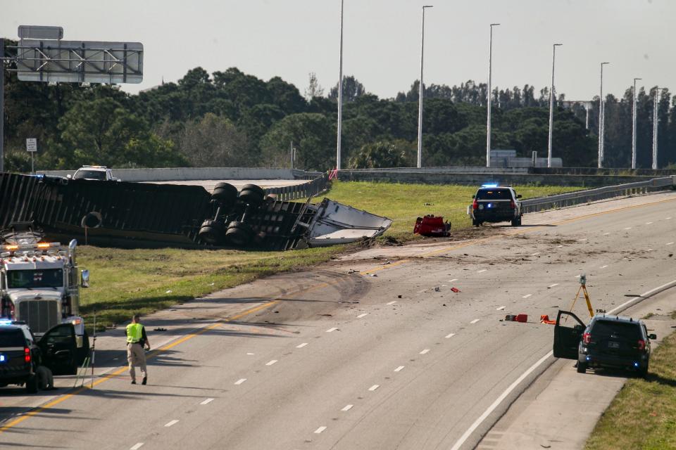 Section of southbound lanes near mile marker 120 of Interstate 95 where Florida Highway Patrol Trooper Zachary Fink was killed in a crash with a semi just south of Southwest Crosstown Parkway in Port St. Lucie, Friday, Feb. 2, 2024.