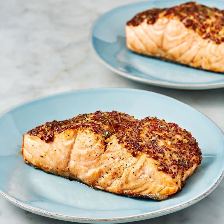 <p>Ten minutes — that's all it takes to make this tender and delicious salmon with a sweet mustard topping.</p><p><em><a href="https://www.delish.com/cooking/recipe-ideas/a28141940/air-fryer-salmon-recipe/" rel="nofollow noopener" target="_blank" data-ylk="slk:Get the recipe from Delish »;elm:context_link;itc:0;sec:content-canvas" class="link ">Get the recipe from Delish »</a></em> </p>